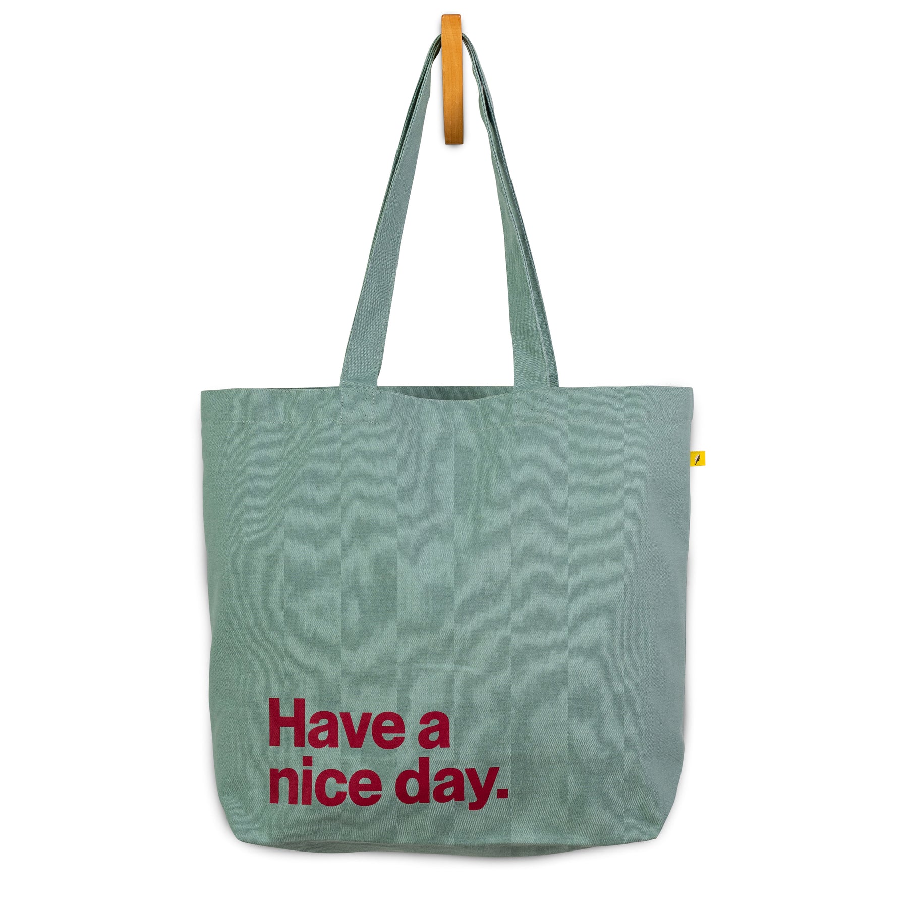 Teal Classic tote bag with Have a Nice Day text in burgundy