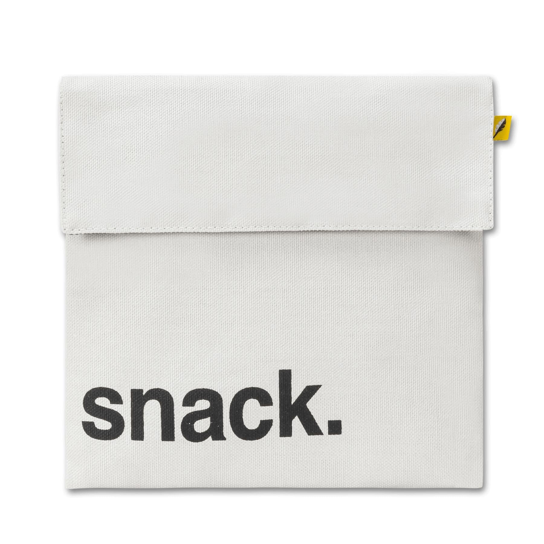 Reusable white square snack bag with black 'snack' print by Fluf