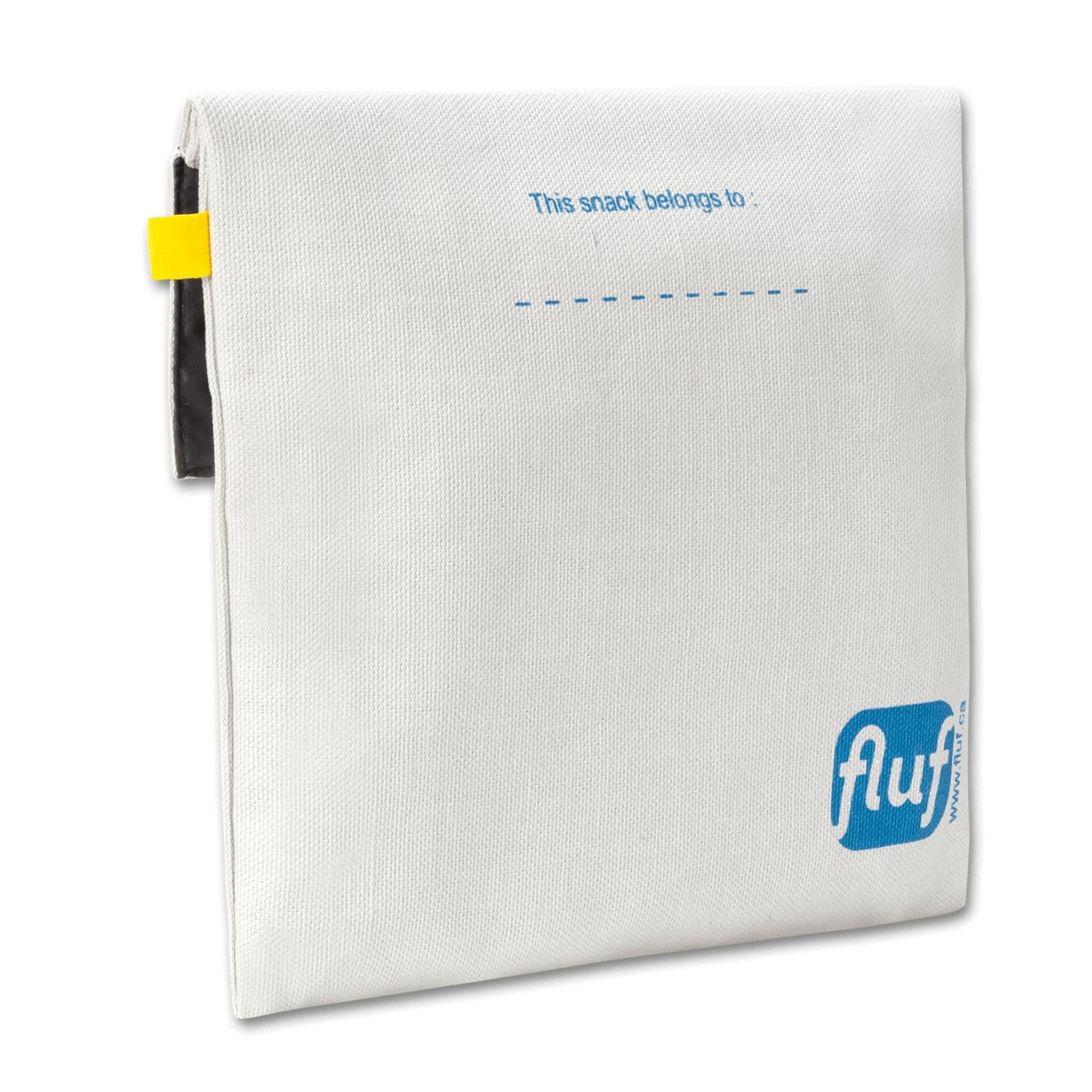 Reusable white square snack bag with blue 'snack' print by fluf with option to make it customable