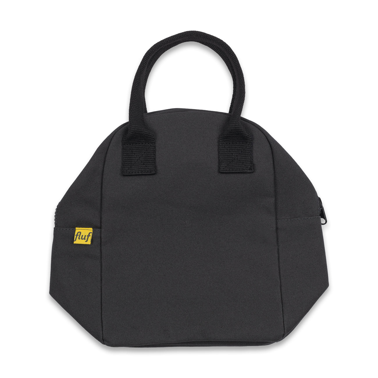 Compact black lunch bag by fluf packs flat