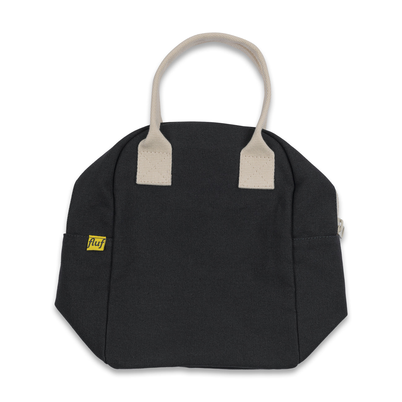 Compact black zipper lunch bag by fluf with natural color handels