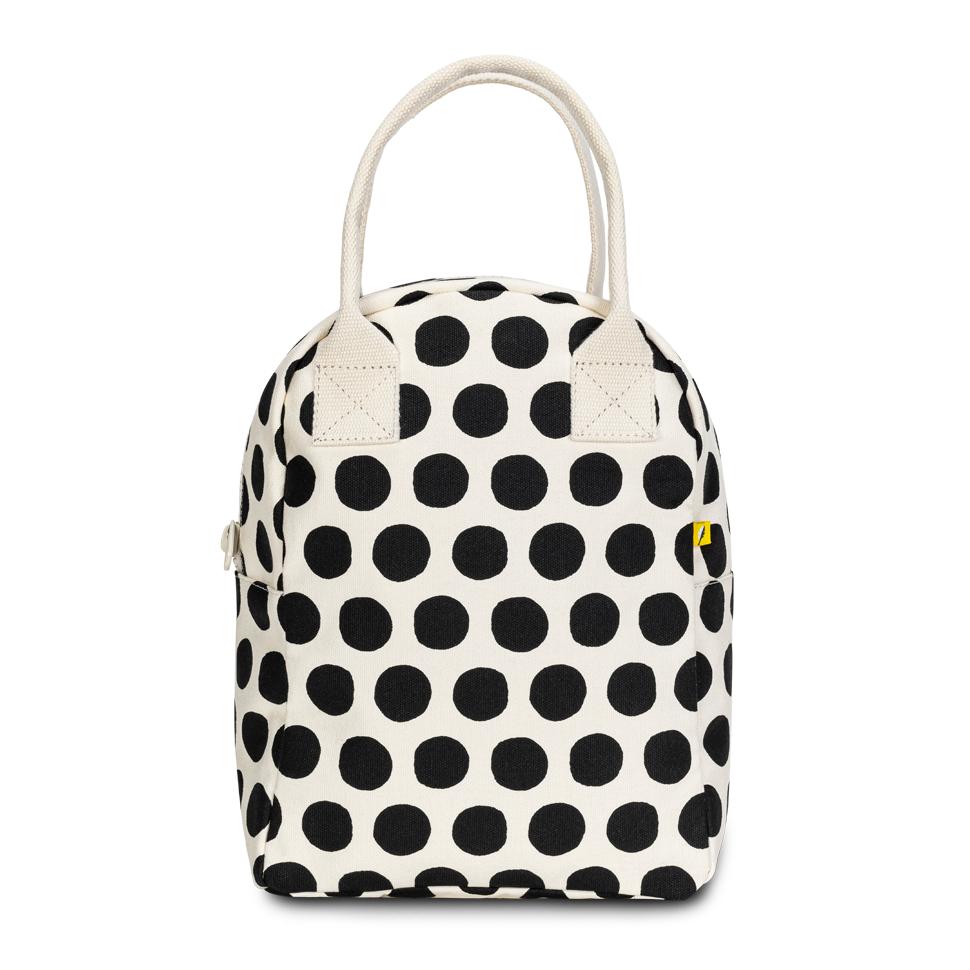 black and white polka dot lunch bag