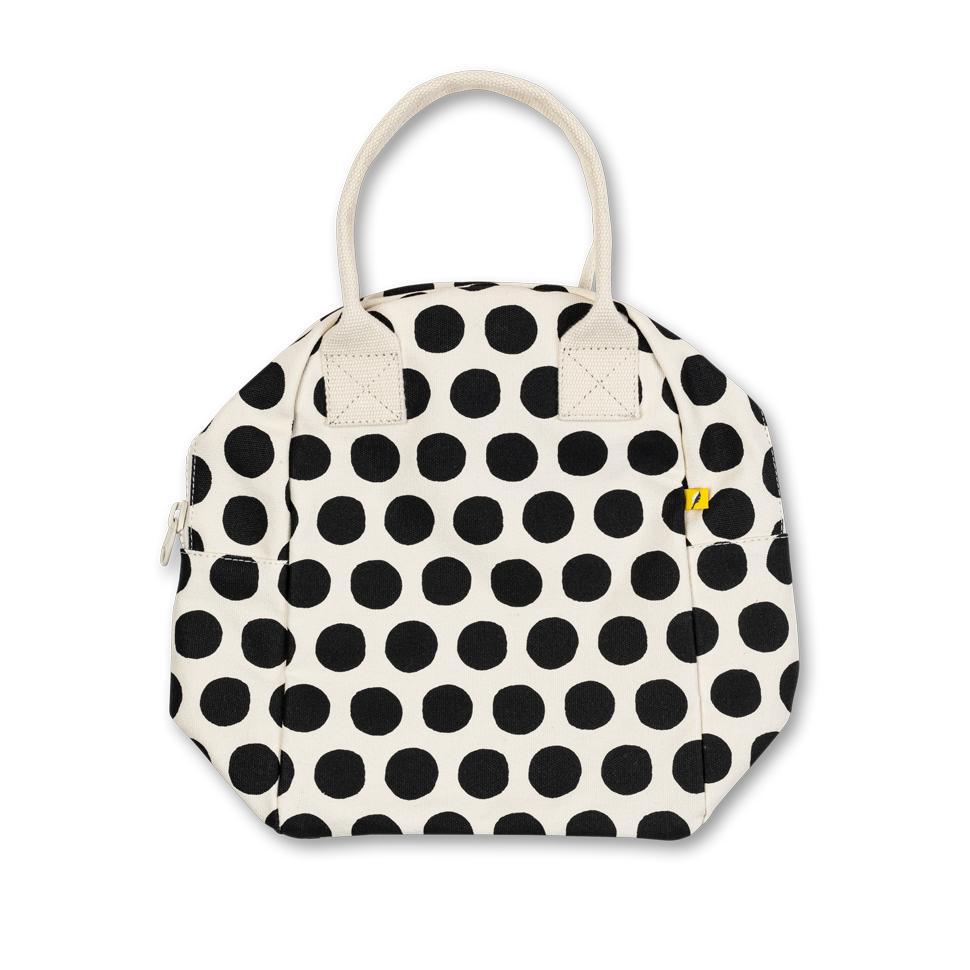 compact  black and white polka dot lunch bag