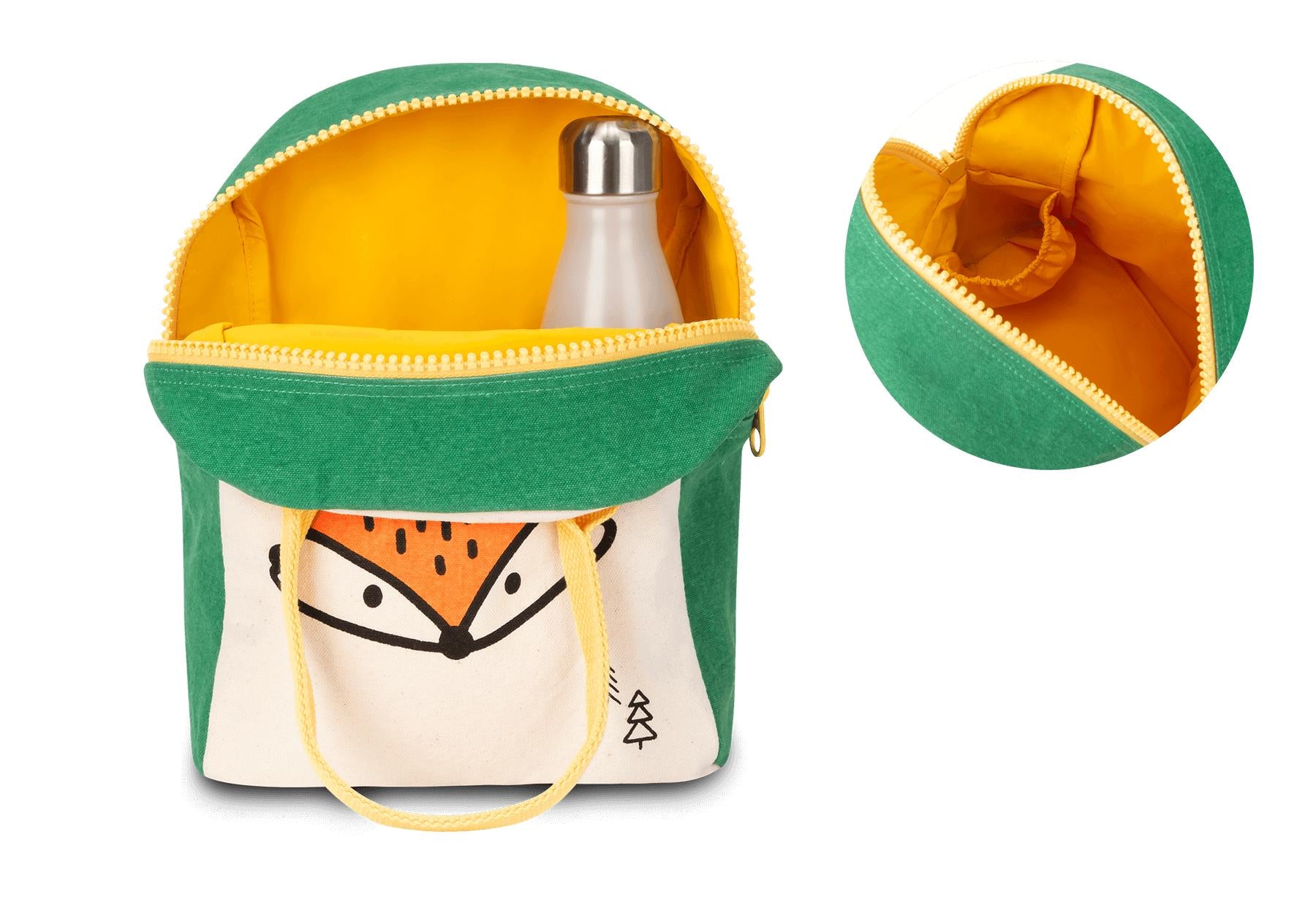 Certified Organic Lunch bag with orange fox print and interior pocket for water bottle.