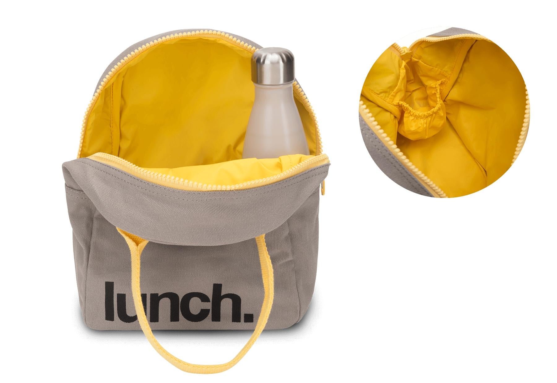 Grey Fluf zipper lunch bag with bottle pocket