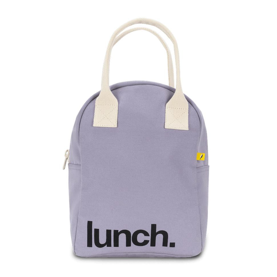 a purple 'lunch' lunch bag for kids and adults by Fluf us
