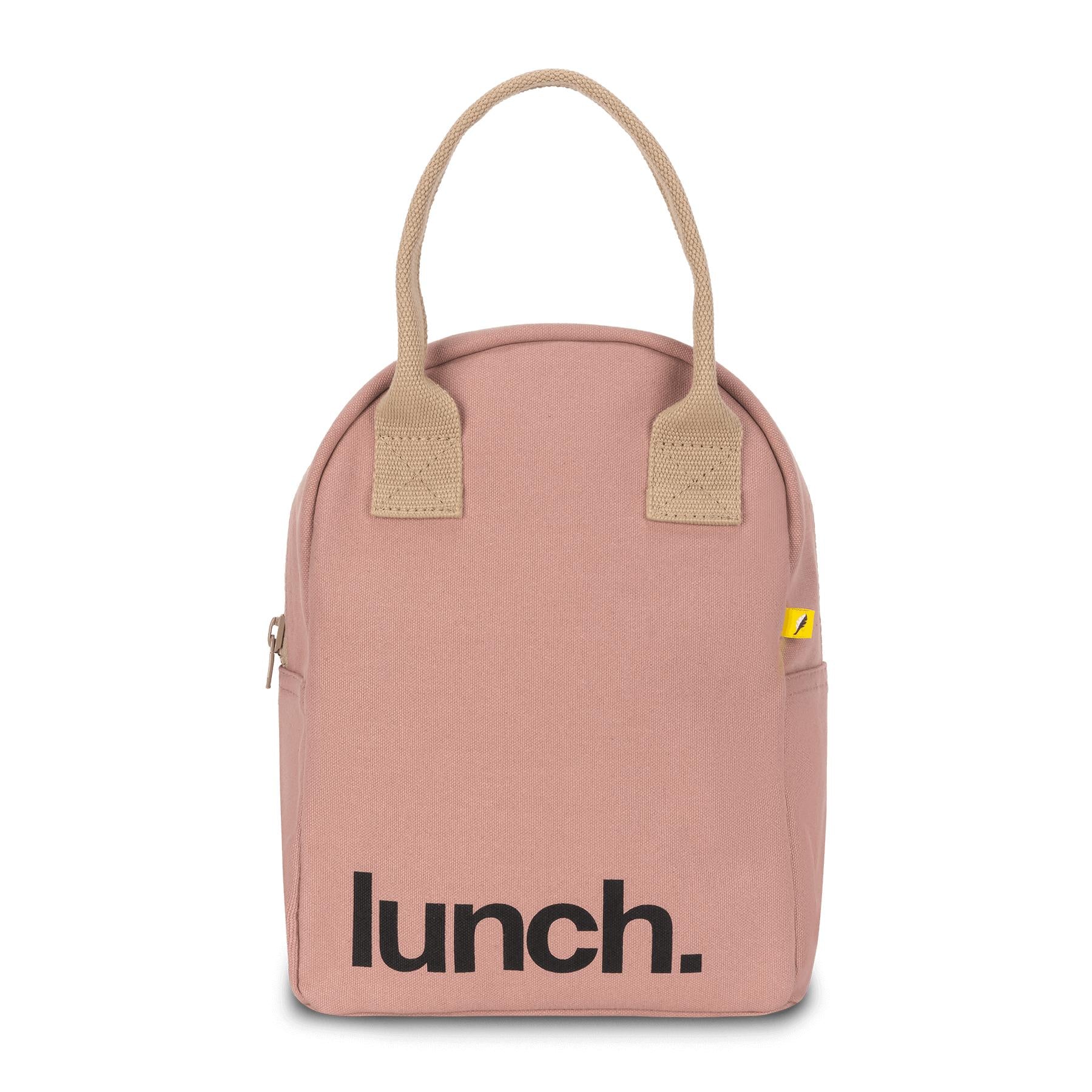 Eco friendly pink zipper lunch bag with 'lunch' motif
