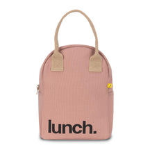 Eco friendly pink zipper lunch bag with 'lunch' motif