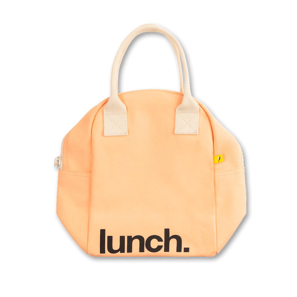 compact peach orange zipper lunch bag that packs flat when not in us