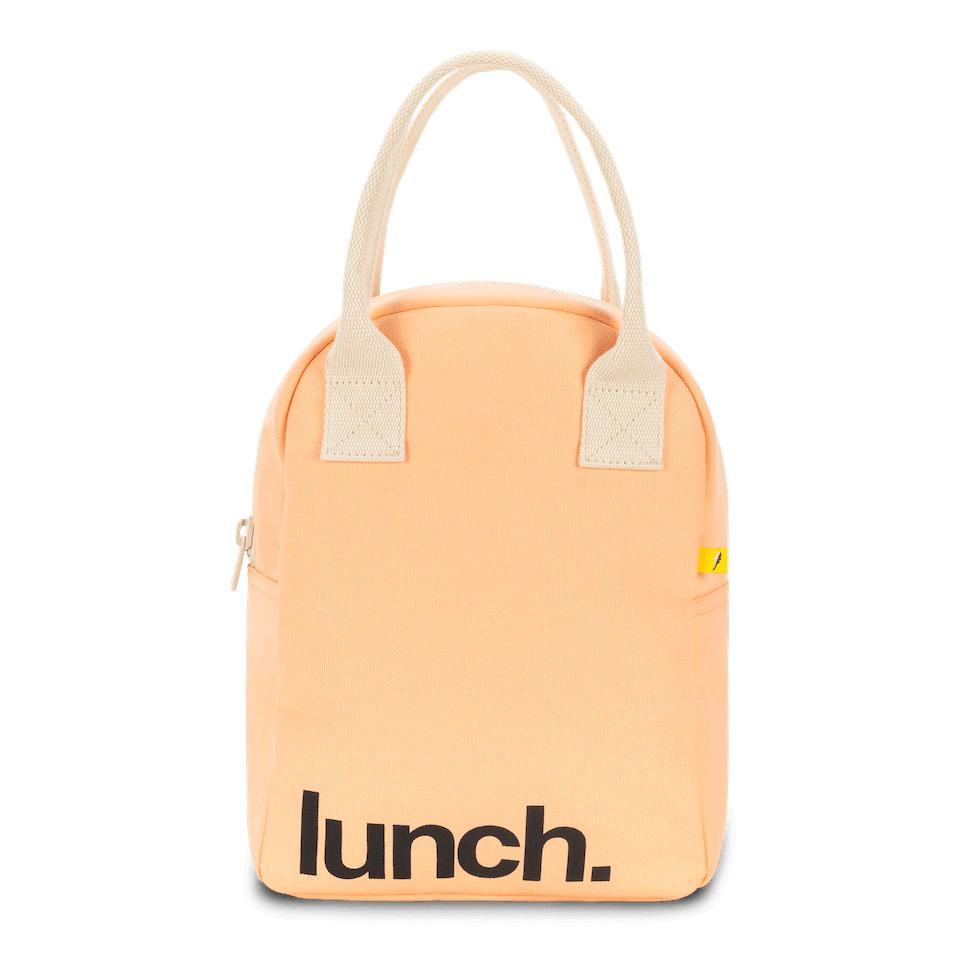 peach orange zipper lunch bag with 'lunch' motif in black by Fluf