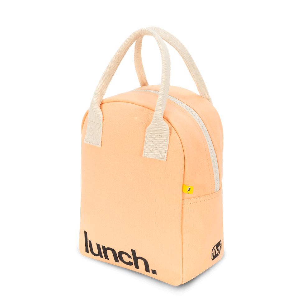 washable peach orange zipper lunch bag with 'lunch' motif in black by Fluf