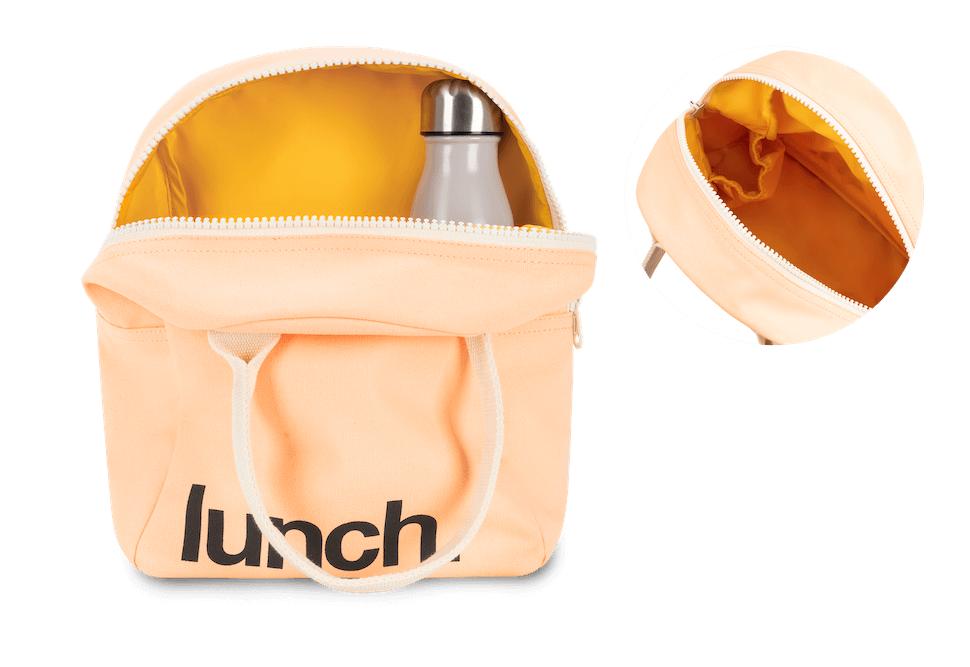 peach orange zipper lunch bag with 'lunch' motif and bottle holder in black
