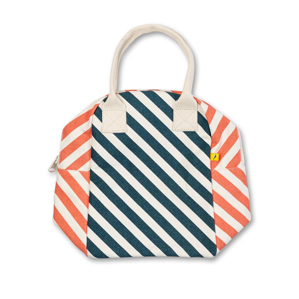 Compact lunch bag with stripe, paks flat when not in use