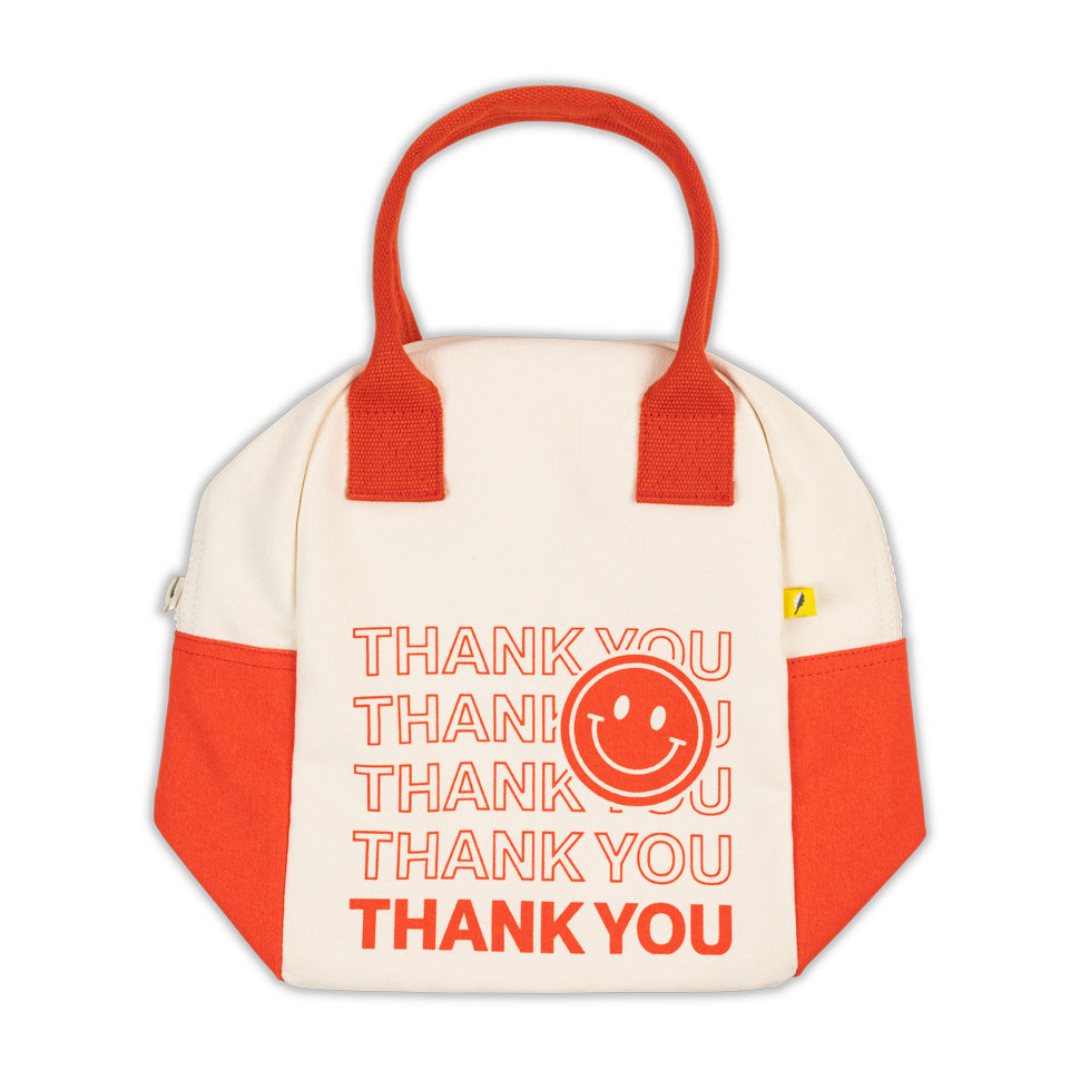 Organic cotton zipper lunch bag with thank you text