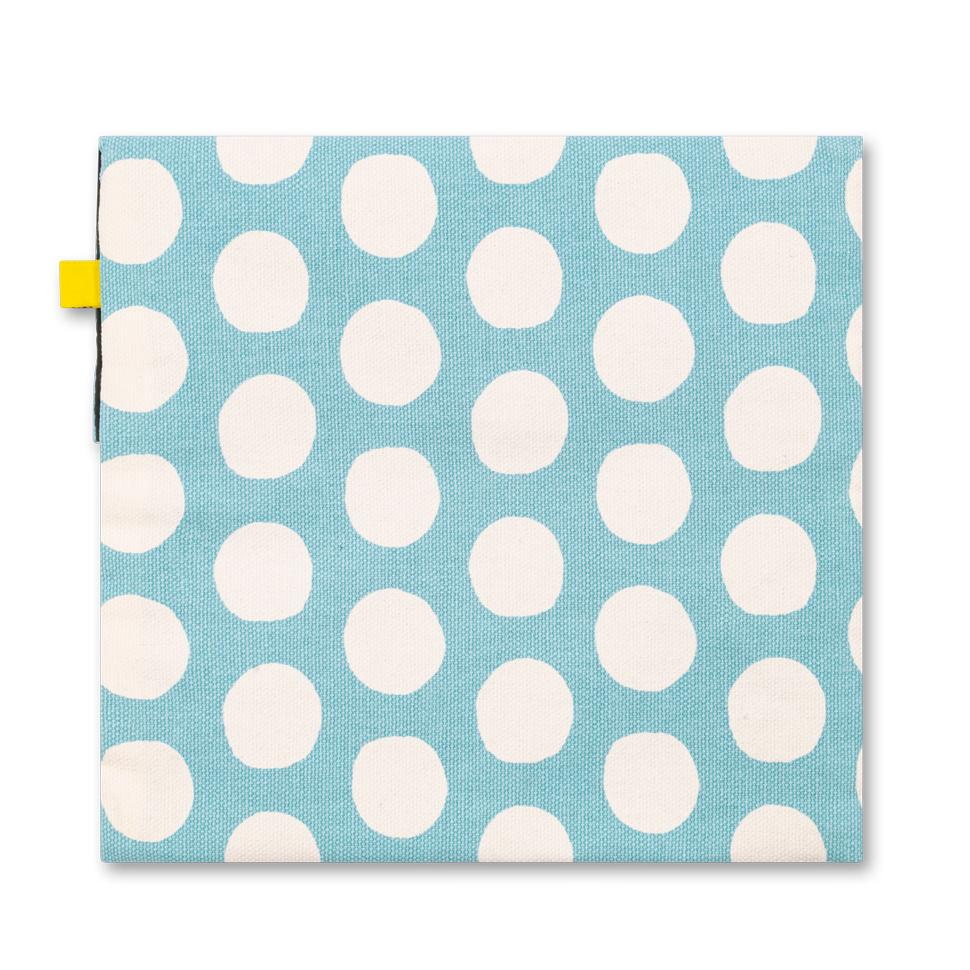 the back of Reusable and machine washable blue and white polka dots snack bag in a sandwich size. Part of the Fluf Lunch collection 