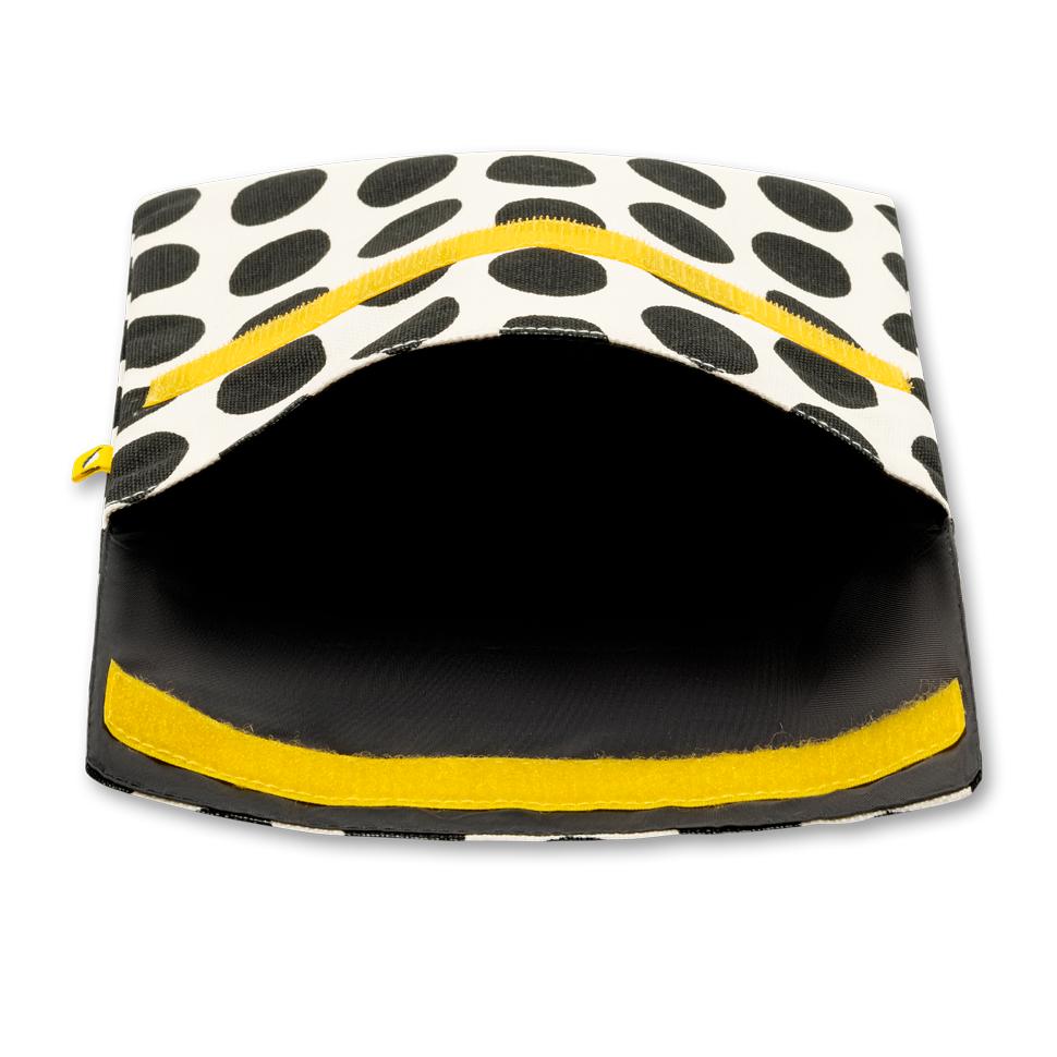 an open Reusable and machine washable black polka dot snack bag in a sandwich size, with black 'snack' design. Part of the Fluf Lunch collection 