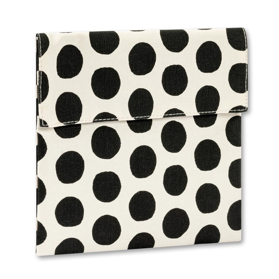 Reusable and machine washable square black polka dot snack bag in a sandwich size, with black 'snack' design. Part of the Fluf Lunch collection 