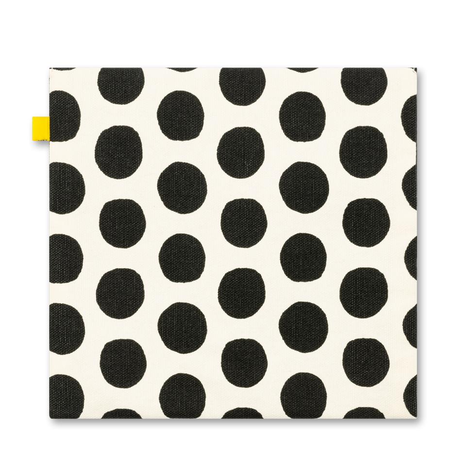 the back of Reusable and machine washable black polka dot snack bag in a sandwich size, with black 'snack' design. Part of the Fluf Lunch collection 