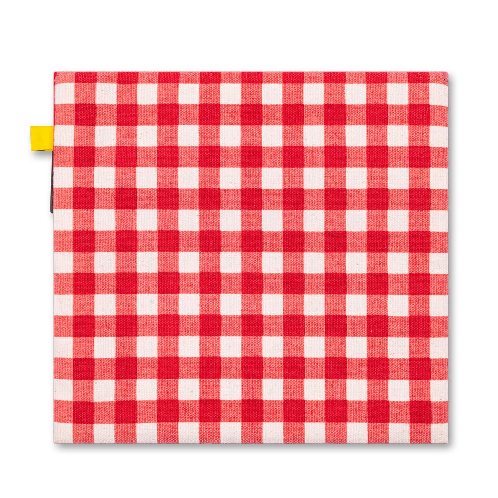 The back of Reusable and machine washable gingham red snack bag in a sandwich size. Part of the Fluf Lunch collection 