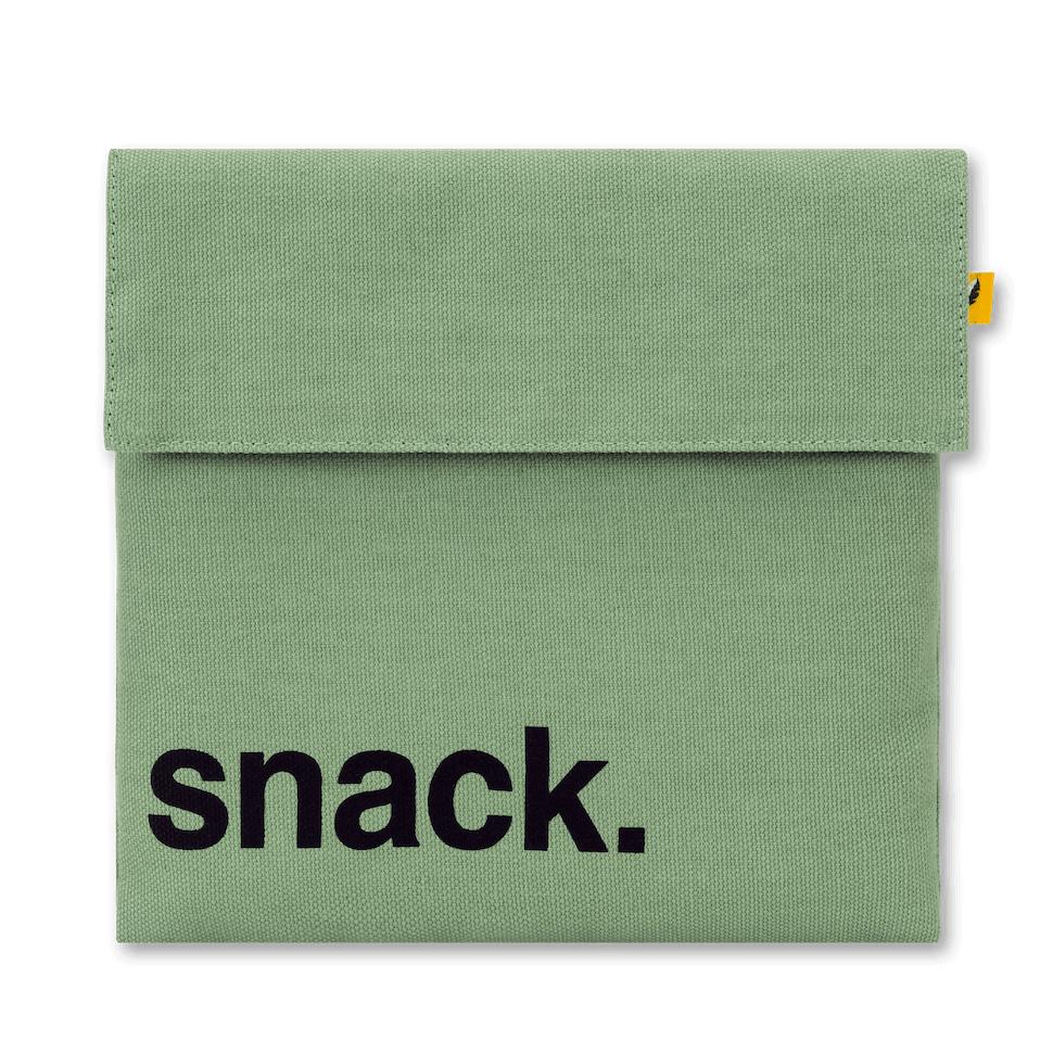 Reusable and machine washable green moss snack bag in a sandwich size, with black 'snack' design 