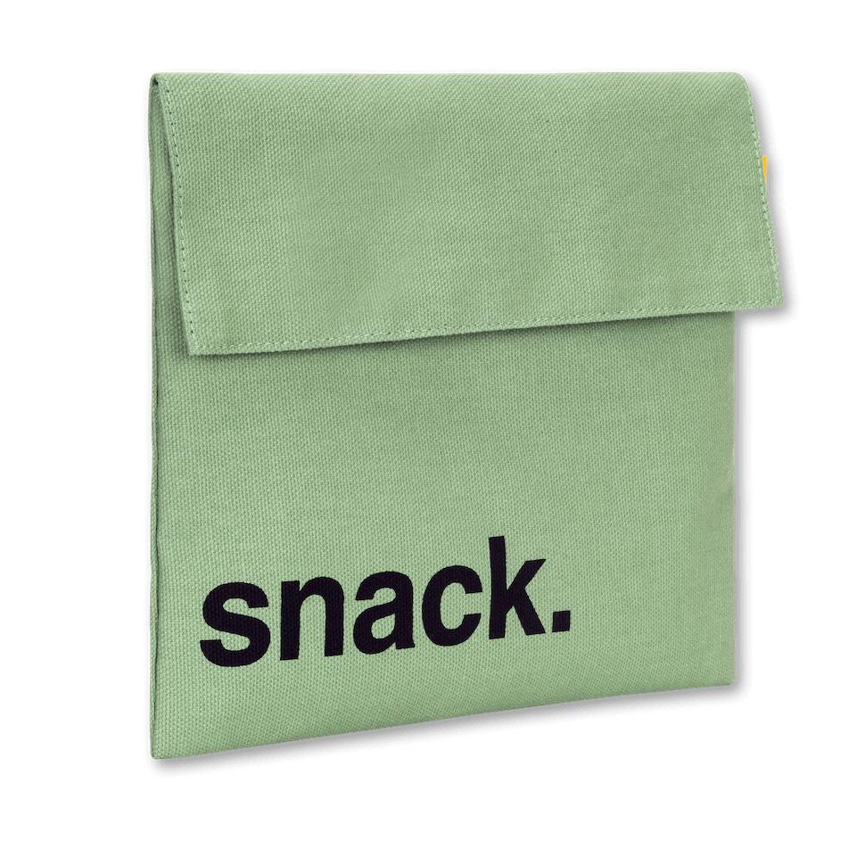 Reusable and machine washable square  green moss snack bag in a sandwich size, with black 'snack' design 