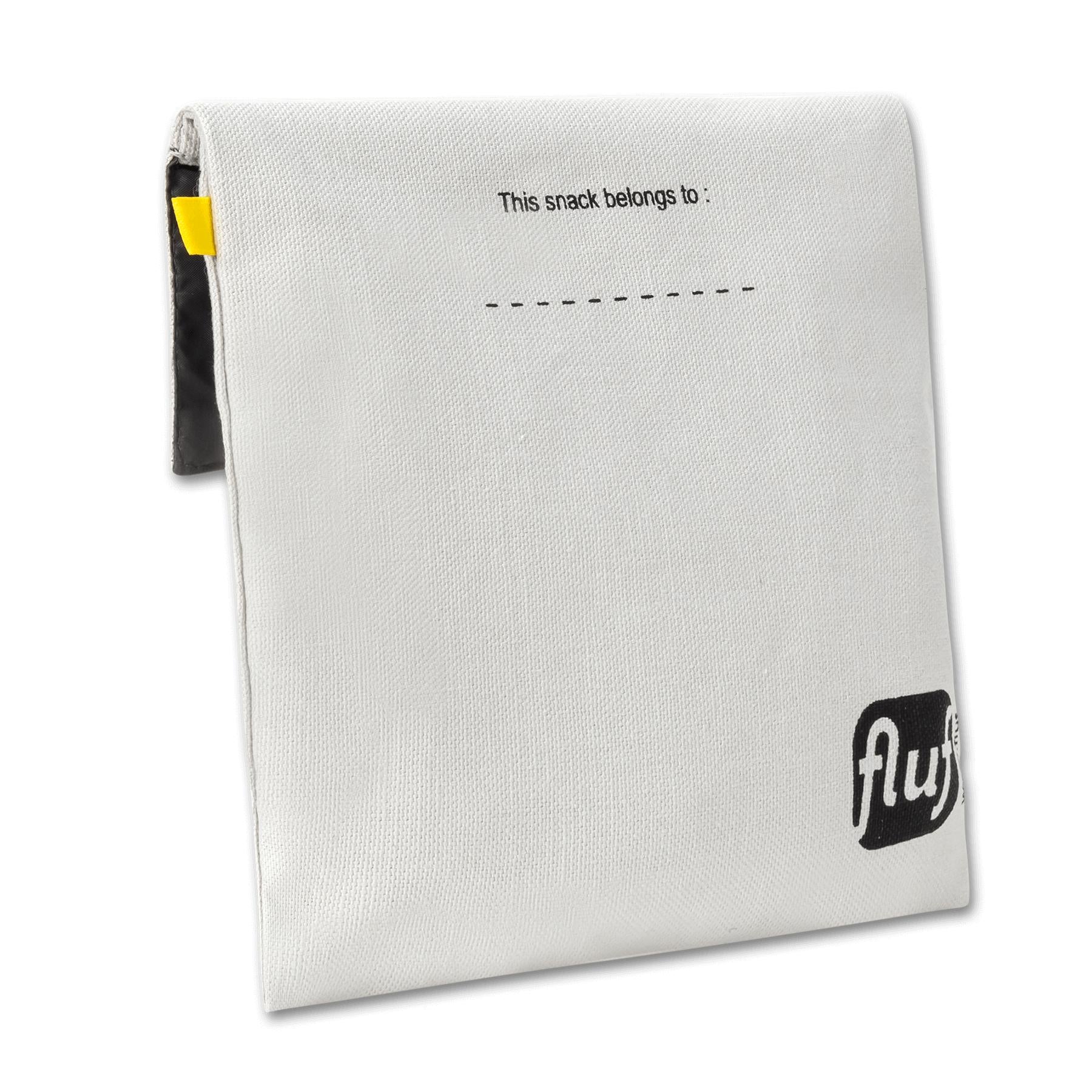 The back of Reusable white square snack bag with black 'snack' print by fluf 