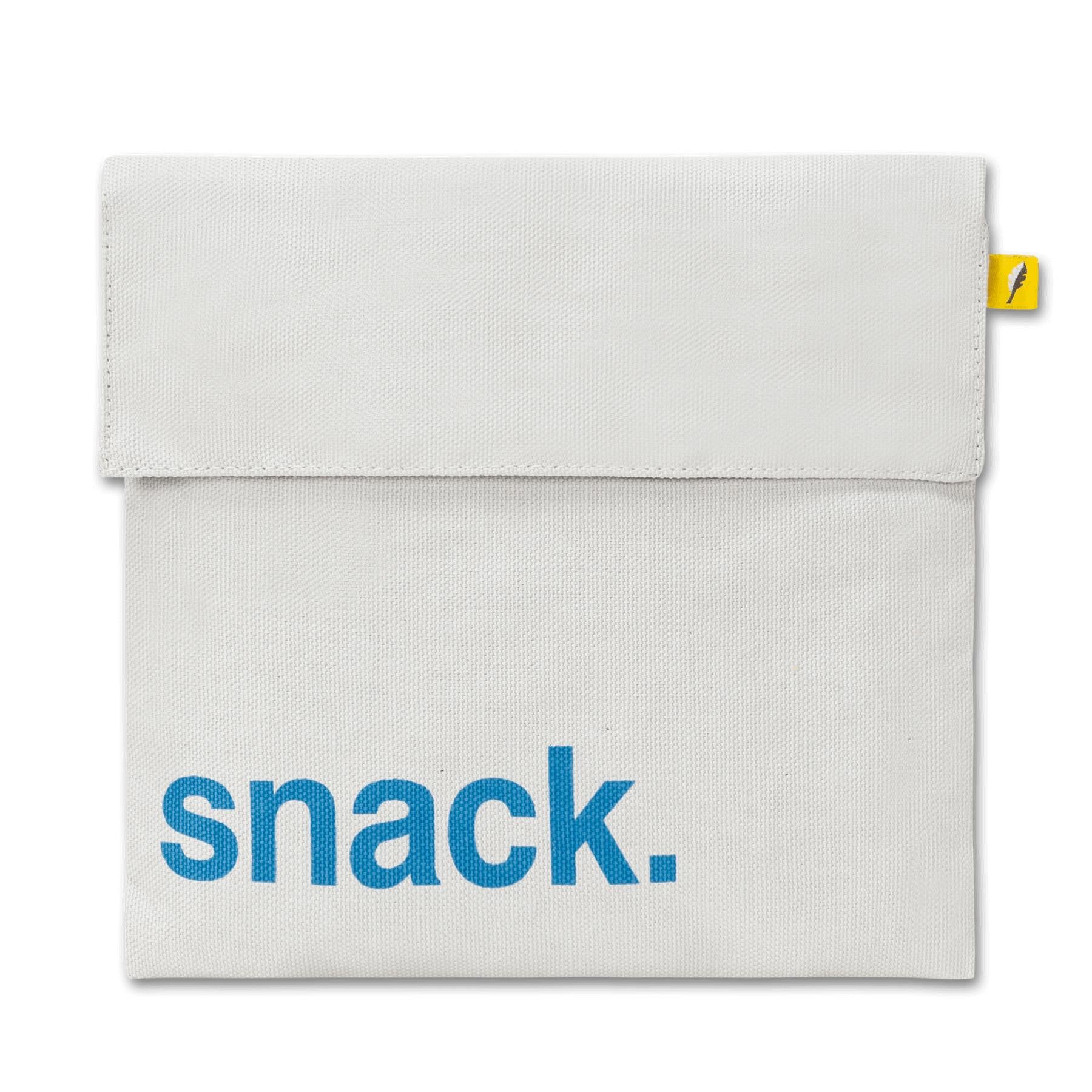 Reusable white square snack bag with blue 'snack' print by fluf