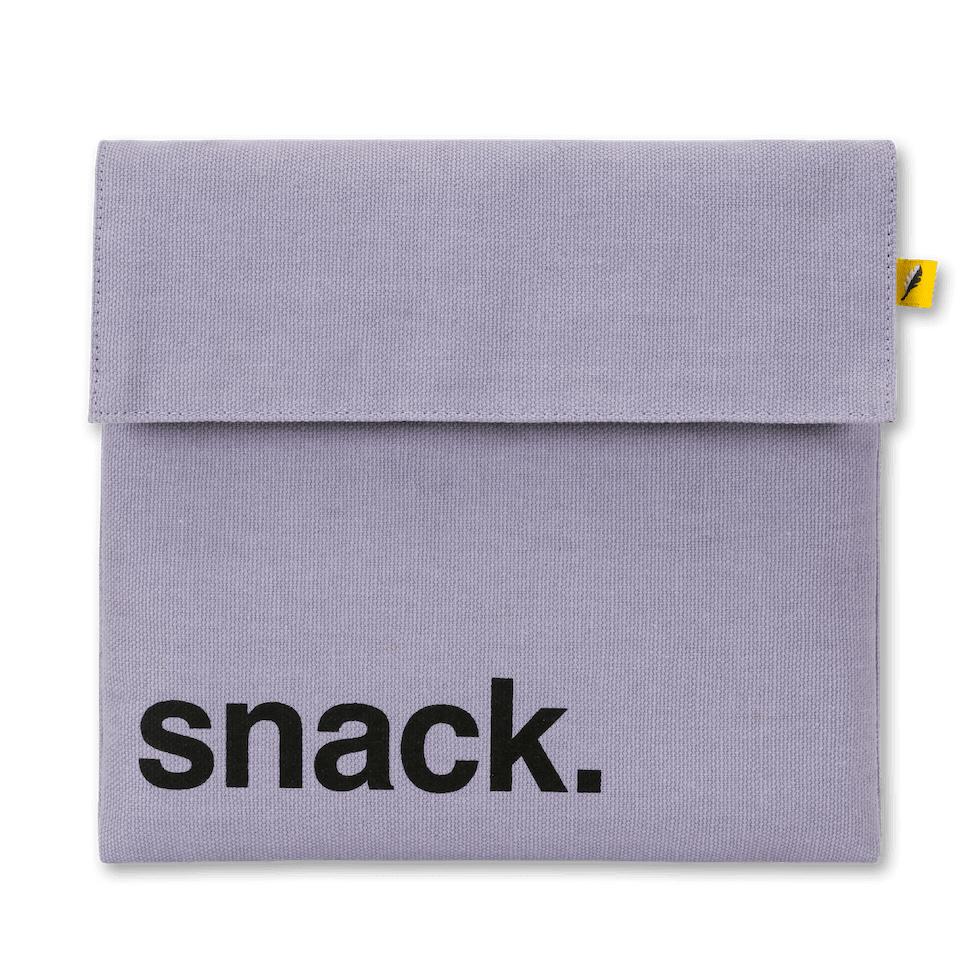 Reusable and machine washable purple snack bag in a sandwich size, with black 'snack' design 