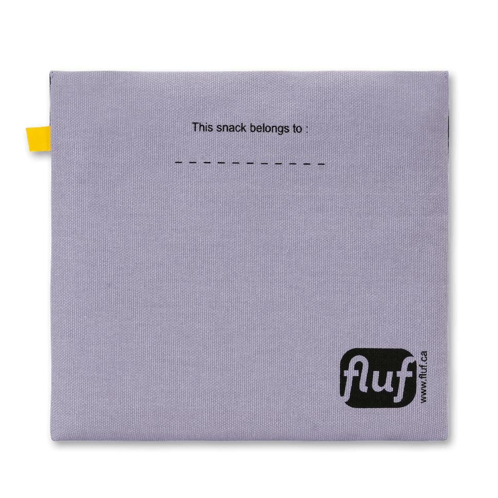 the back of Reusable and machine washable purple snack bag in a sandwich size, with black 'snack' design 