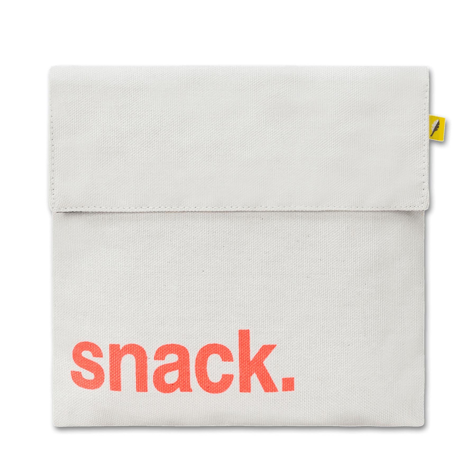 Reusable white square snack bag with orange 'snack' print by fluf