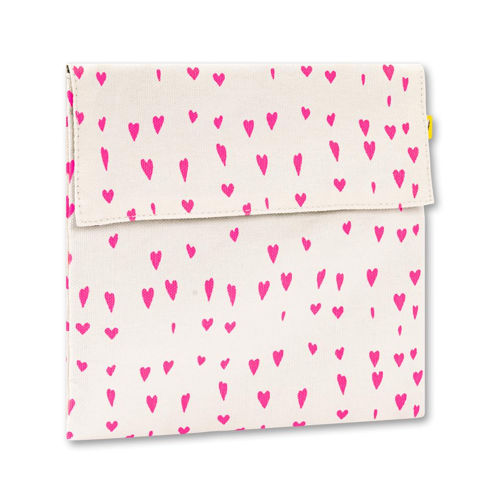 Reusable and machine washable square  pink hearts snack bag in a sandwich size. Part of the Fluf Lunch collection