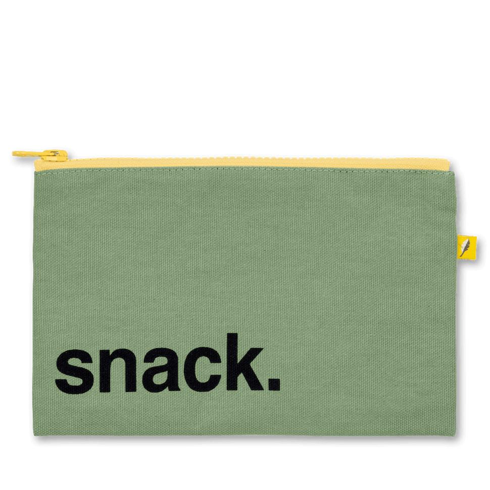 Green reusable snack pouch with yellow zipper black 'snack' print 