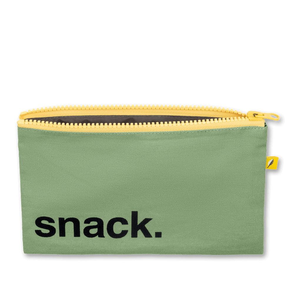 an open reusable green snack pouch with a zipper with black 'snack' print  