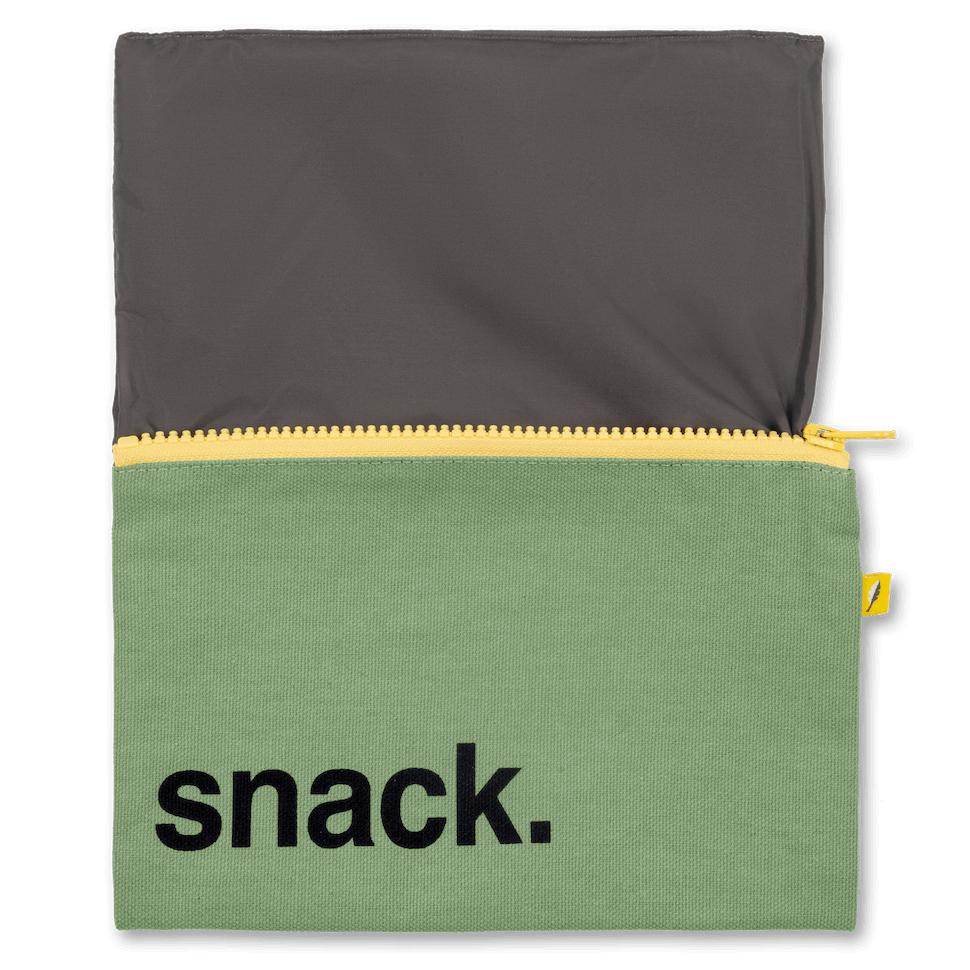 an open reusable green snack pouch with yellow zipper and waterproof lining 