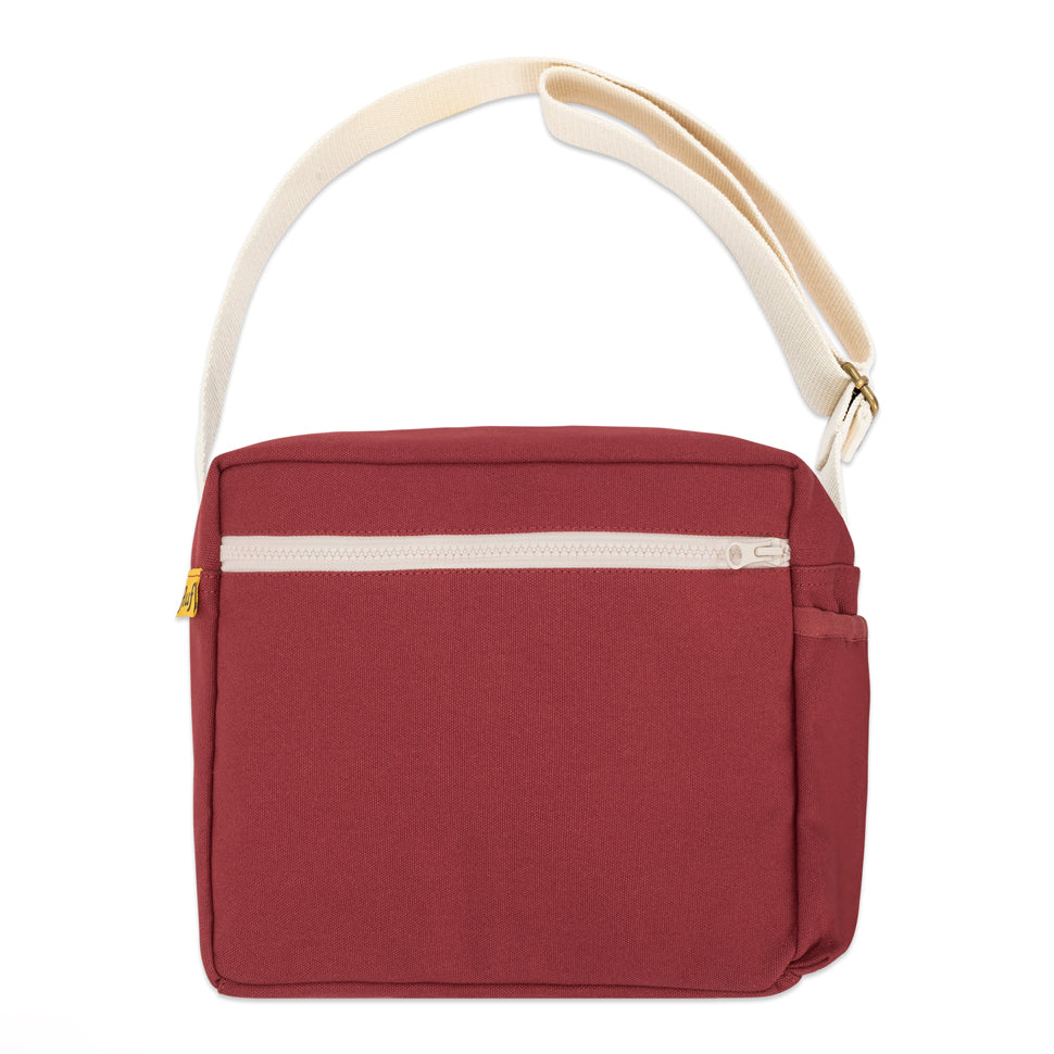 Red lunch bag with crossbody strap by fluf