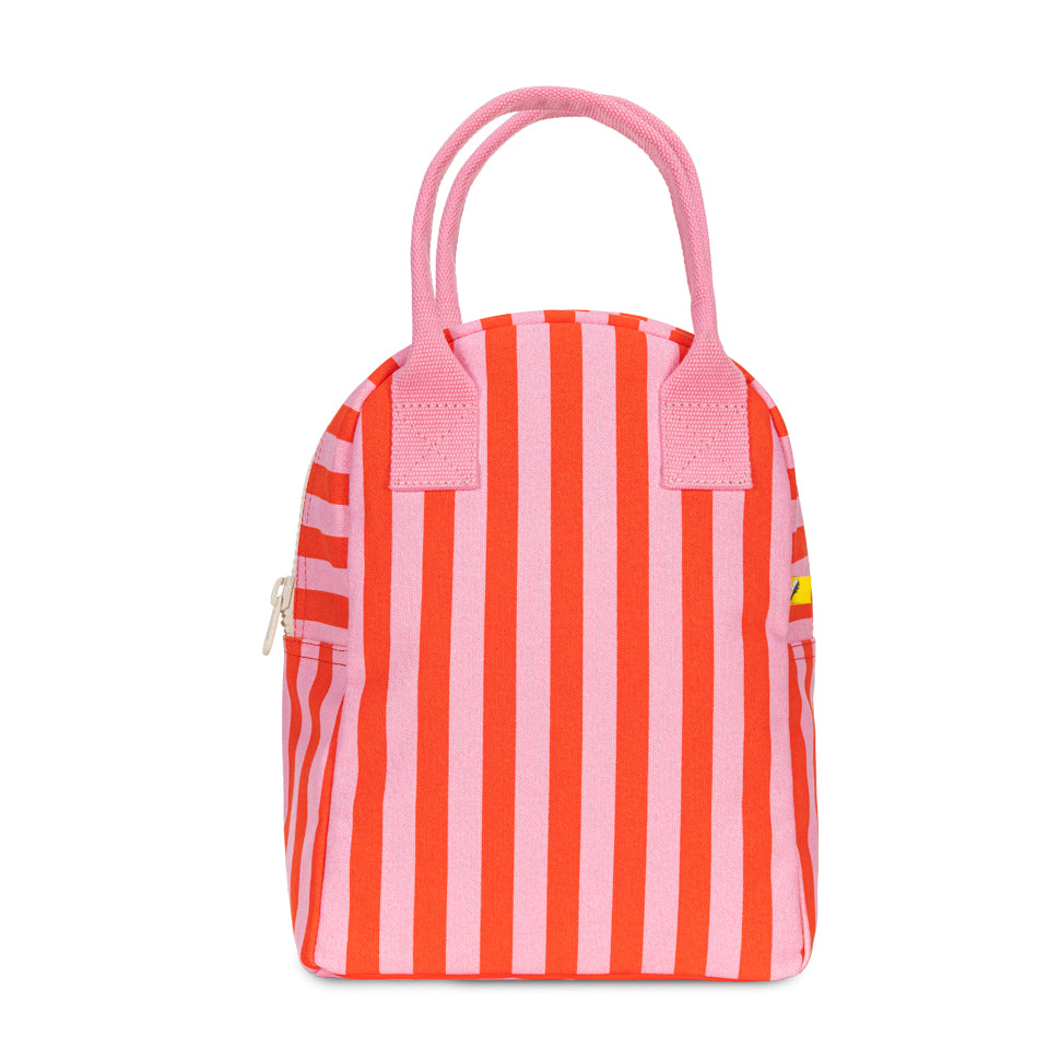 Organic cotton zipper lunch bag with pink and red stripes