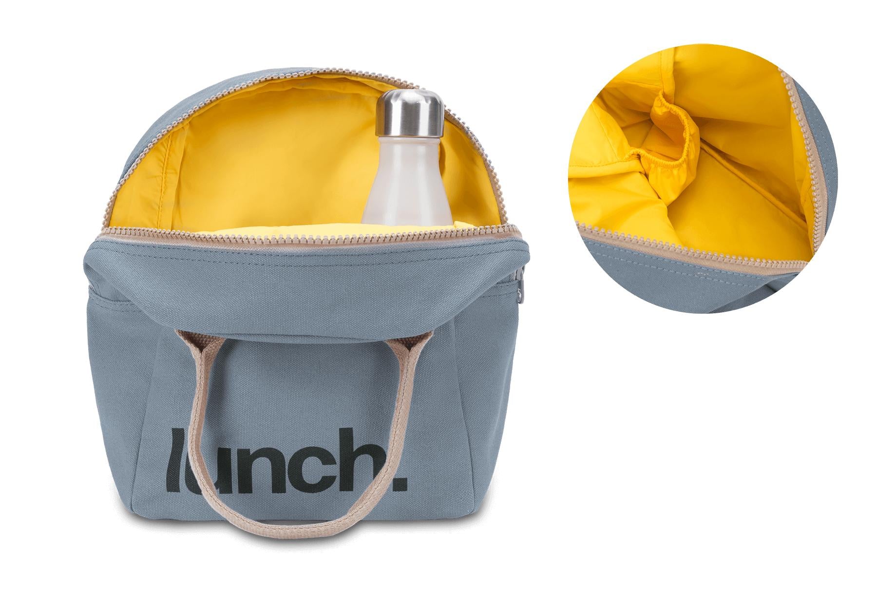 Blue organic lunch bag with bottle holder by Fluf 