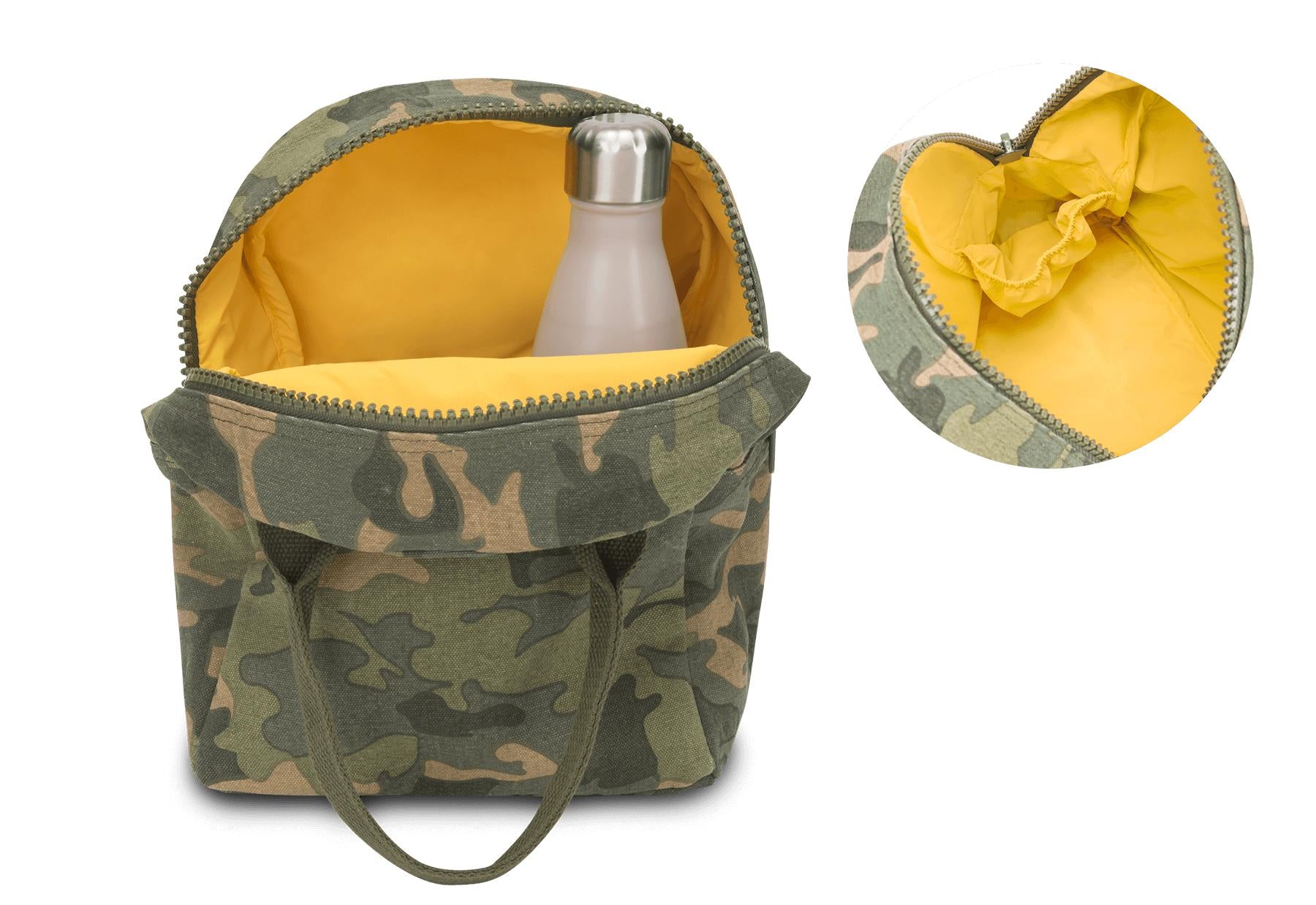 A camouflage lunch bag with a pocket for water