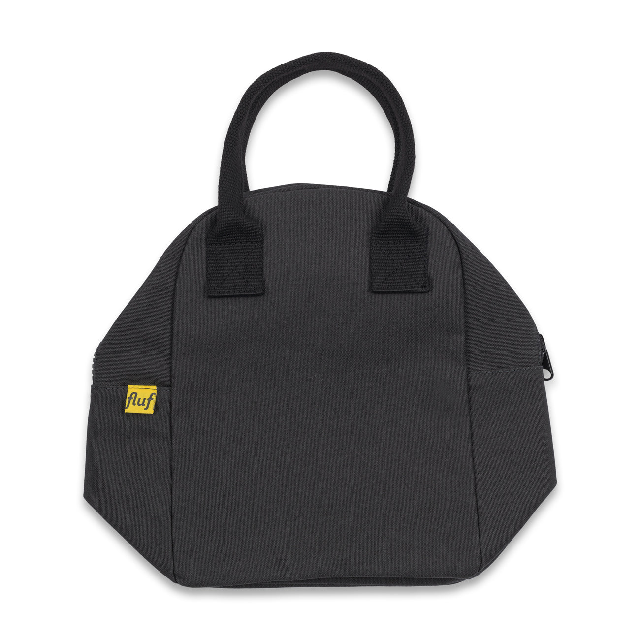 Compact black lunch bag by fluf packs flat 