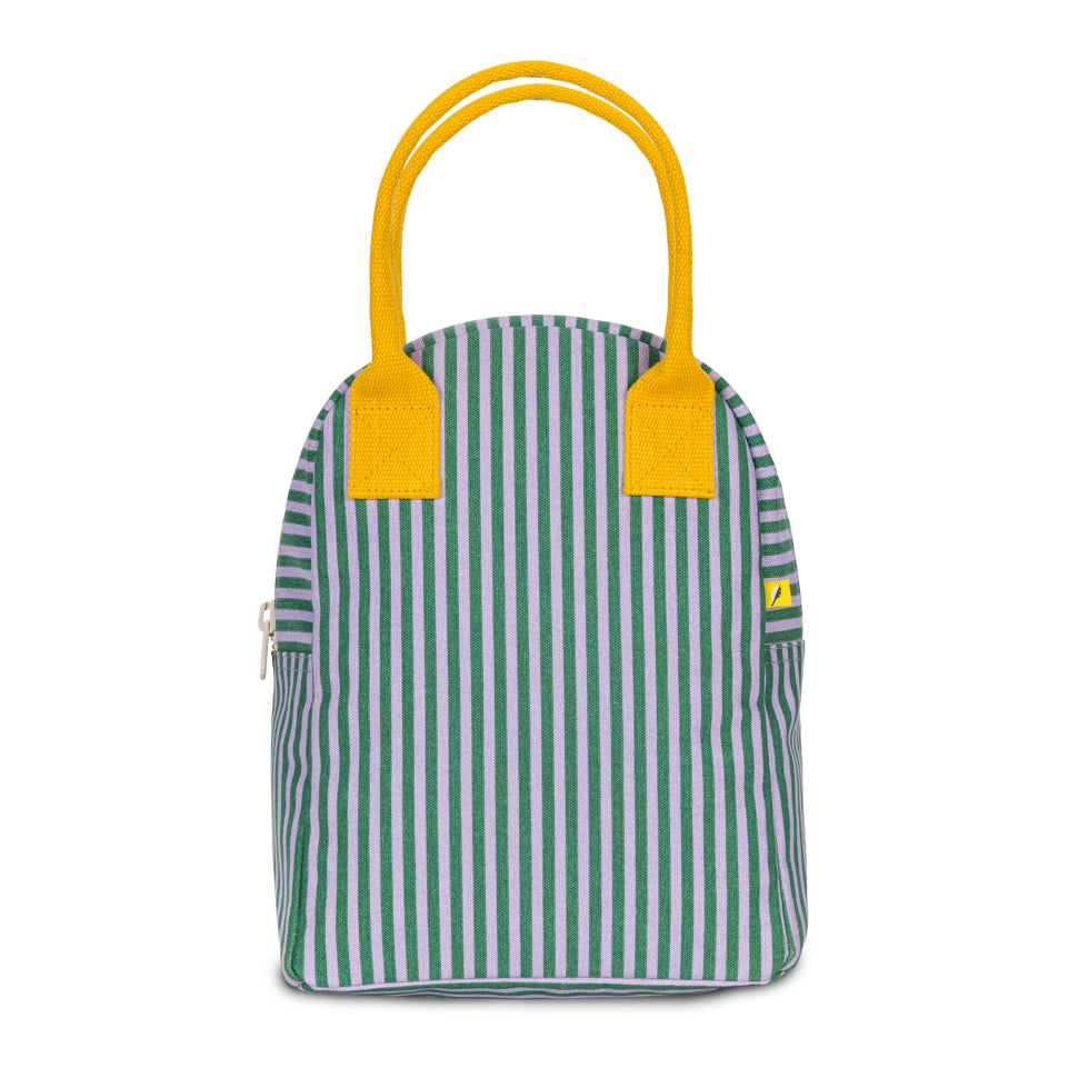 Organic cotton zipper lunch bag with green and purple stripes