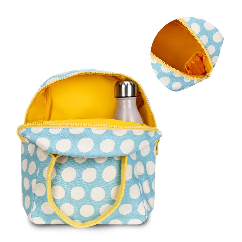 zipper Blue and white polka dot lunch bag with bottle holder