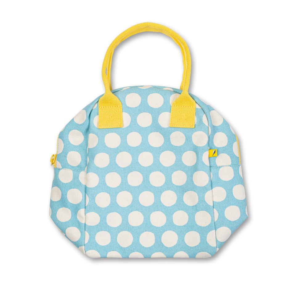 Compact zipper Blue and white polka dot lunch bag packs flat by fluf 