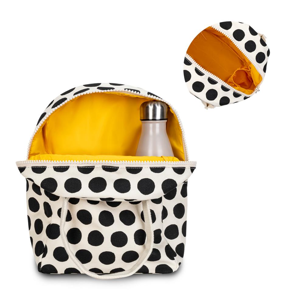  black and white polka dot lunch bag with water bottle pocket