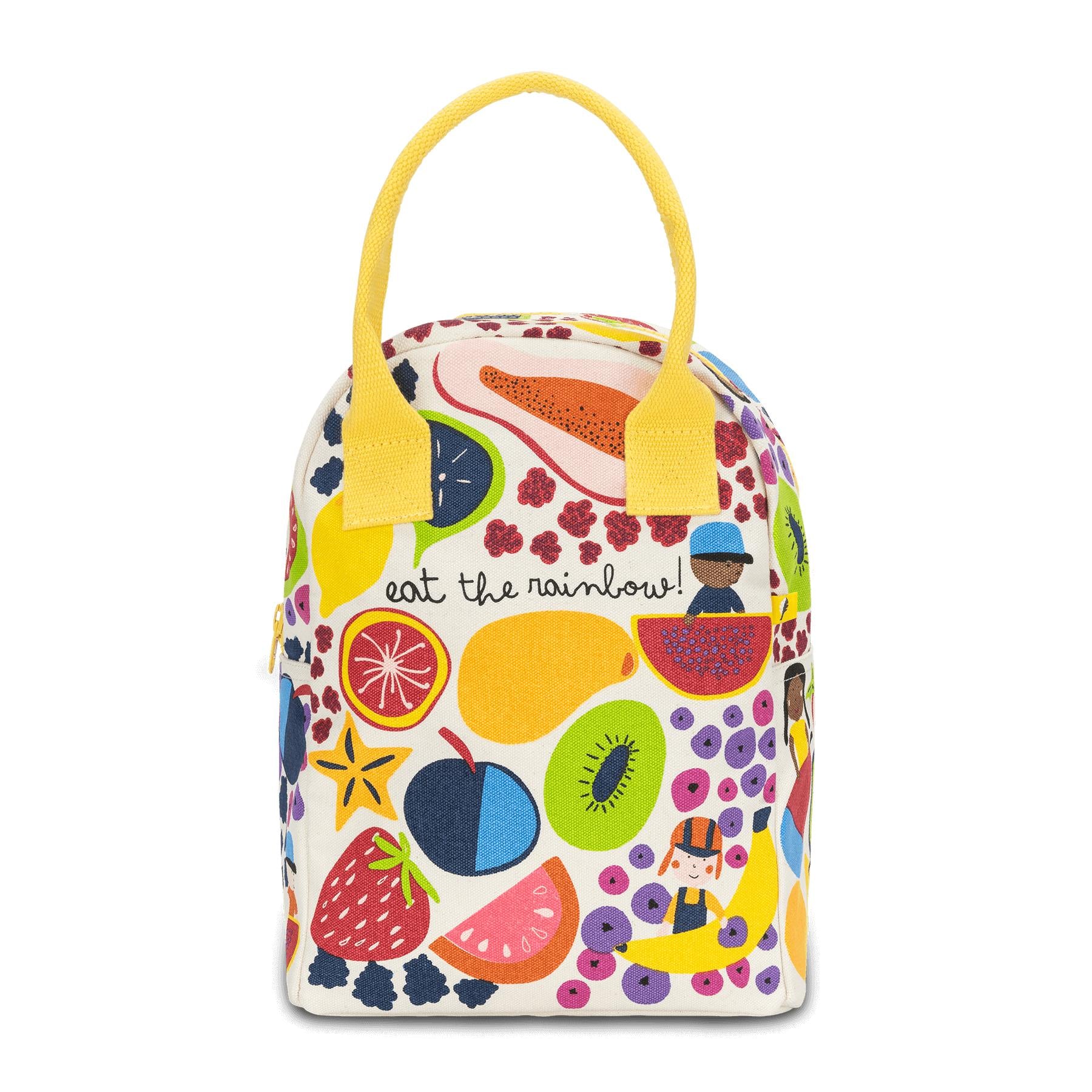 zipper lunch bag with a vibrant fruit design and 'Eat the Rainbow' text by fluf