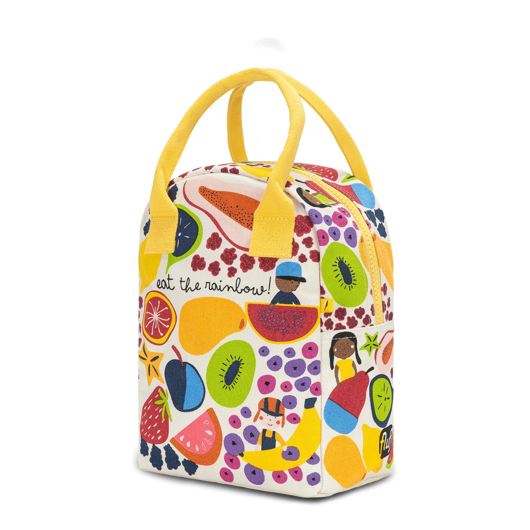 Organic certified zipper lunch bag with a vibrant fruit design and 'Eat the Rainbow' text