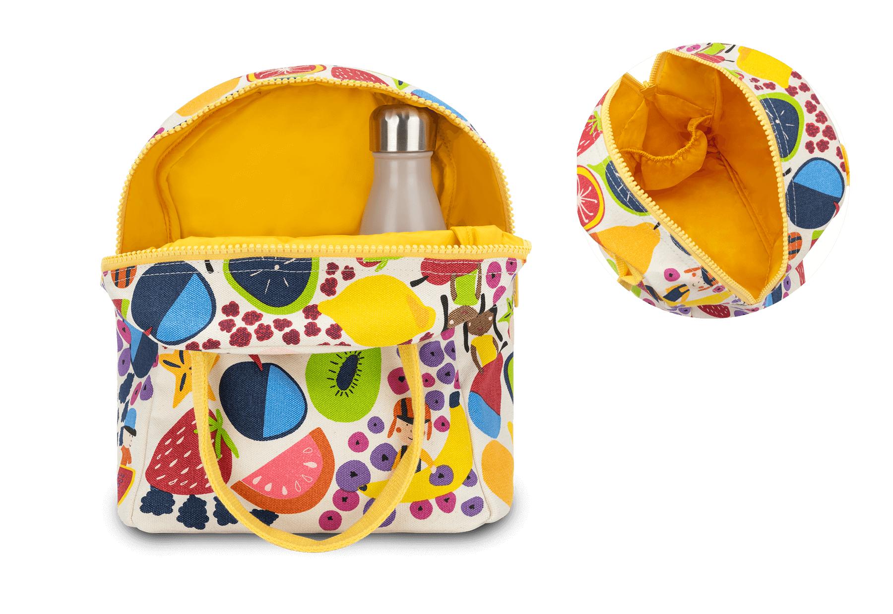 Organic certified zipper lunch bag with water bottle holder in a vibrant fruit design and 'Eat the Rainbow' text