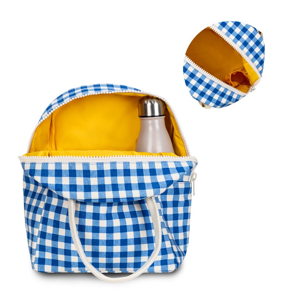 Blue gingham zipper lunch bag with bottle holder