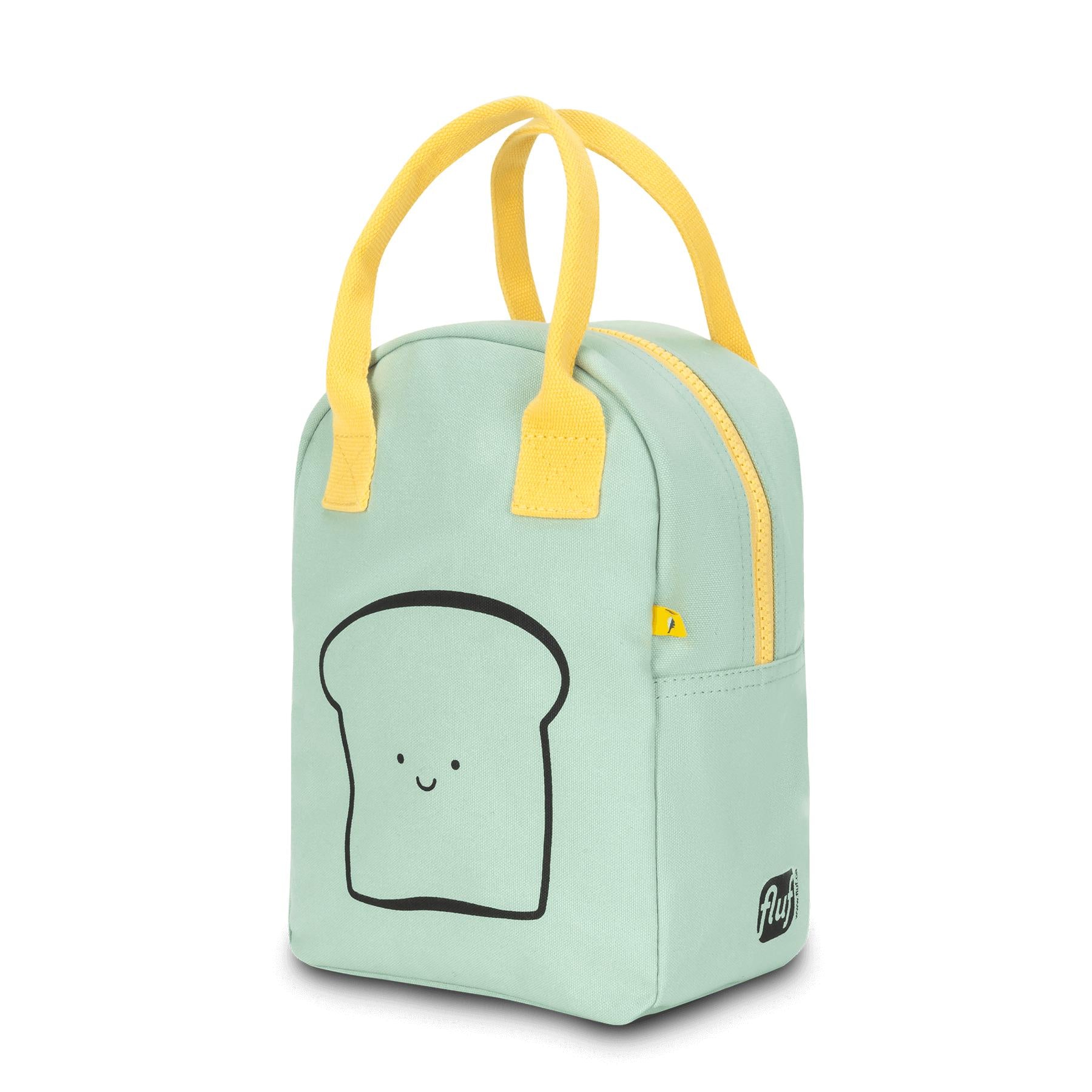 Organic certified Mint 'Happy Bread' Lunch bag by fluf with yellow handles 