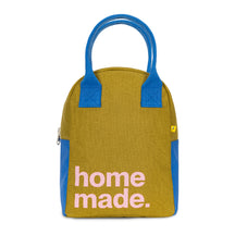 Organic cotton zipper lunch bag with homemade text