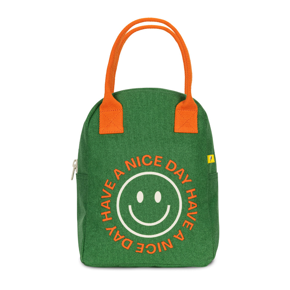 Organic cotton zipper lunch bag with have a nice day text